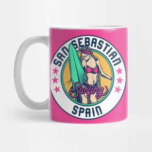 Retro Surfer Babe Badge San Sebastian Spain Mug